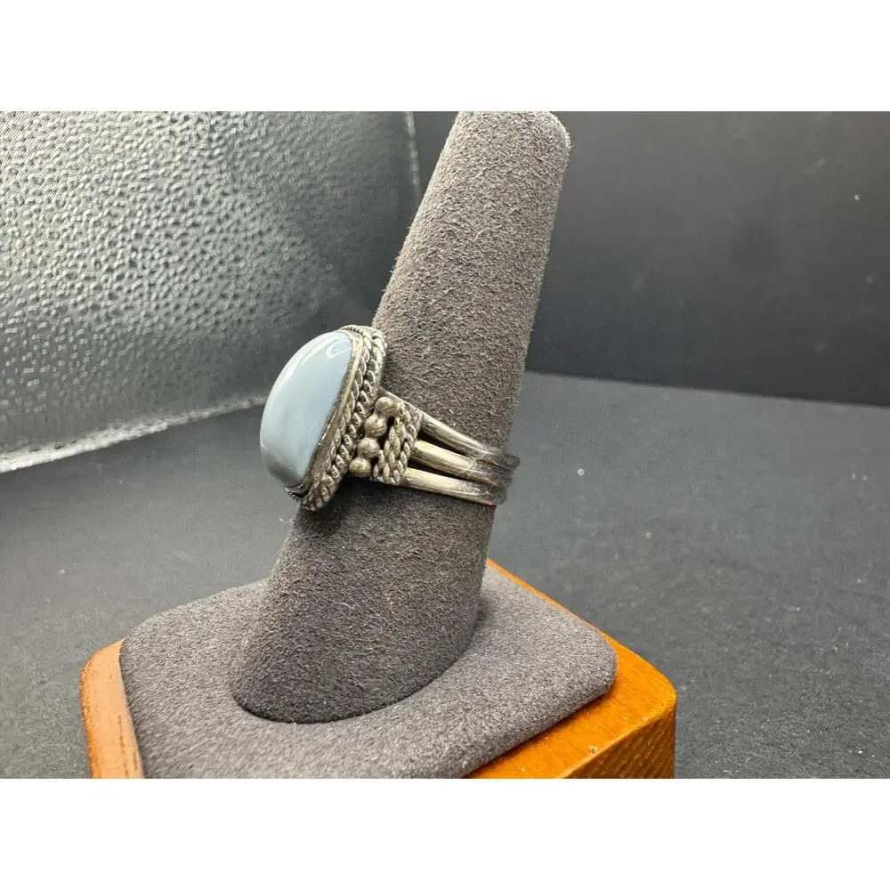 Vtg Southwestern 925 Sterling Silver Blue Chalcedony Ring Cushion Cabochon Sz 9